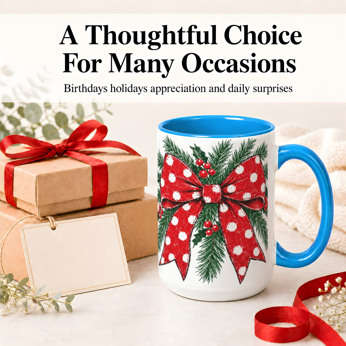 #pl[15oz|Blue] Christmas Bow Accent Mug, Ceramic Coffee Cup with Pine Artwork