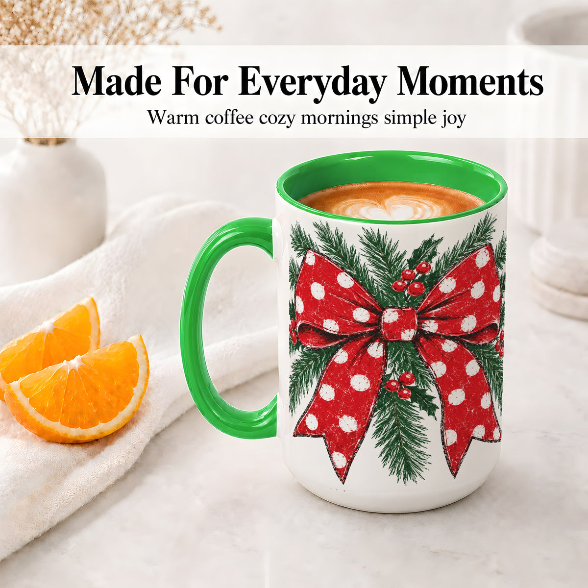 #pl[15oz|Green] Christmas Bow Accent Mug, Ceramic Coffee Cup with Pine Artwork