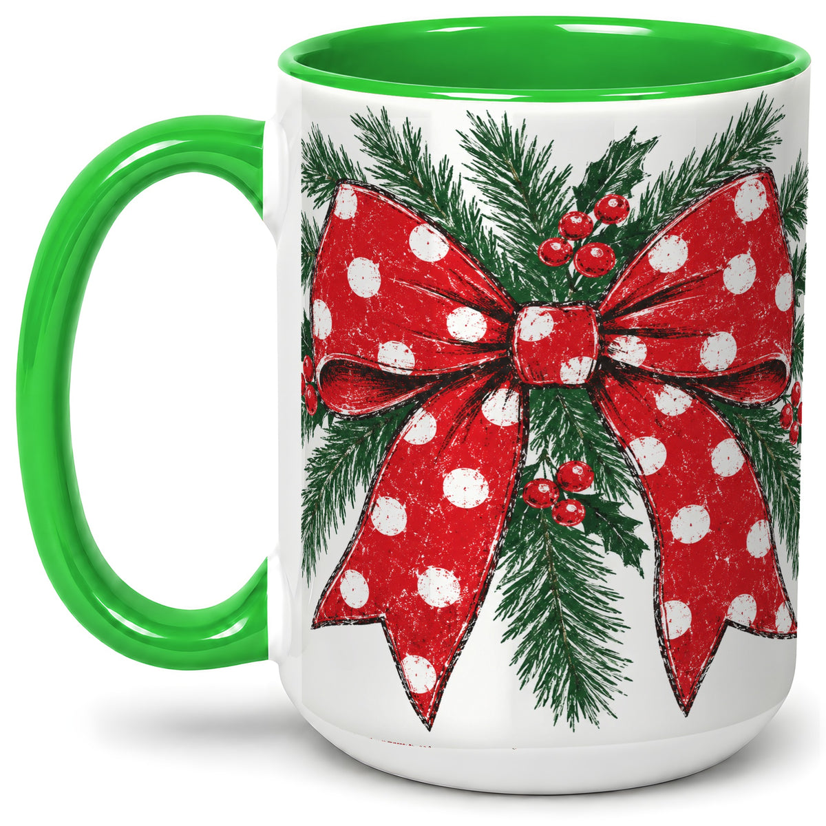 #pl[15oz|Green] Christmas Bow Accent Mug, Ceramic Coffee Cup with Pine Artwork