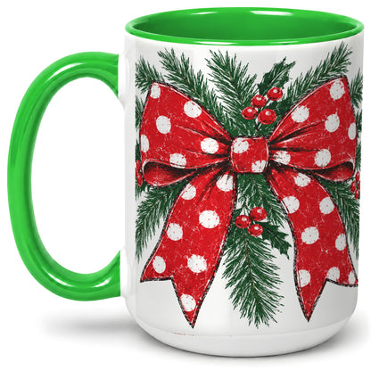 #pl[15oz|Green] Christmas Bow Accent Mug, Ceramic Coffee Cup with Pine Artwork