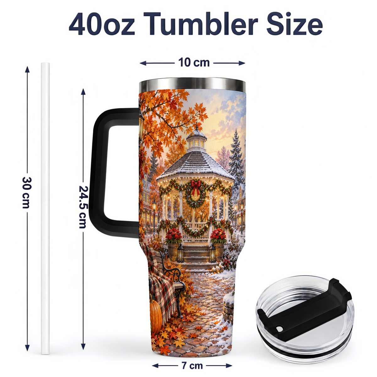#pl[40oz|Black] Autumn Christmas Village 40oz Tumbler, Snowy Gazebo Holiday Landscape