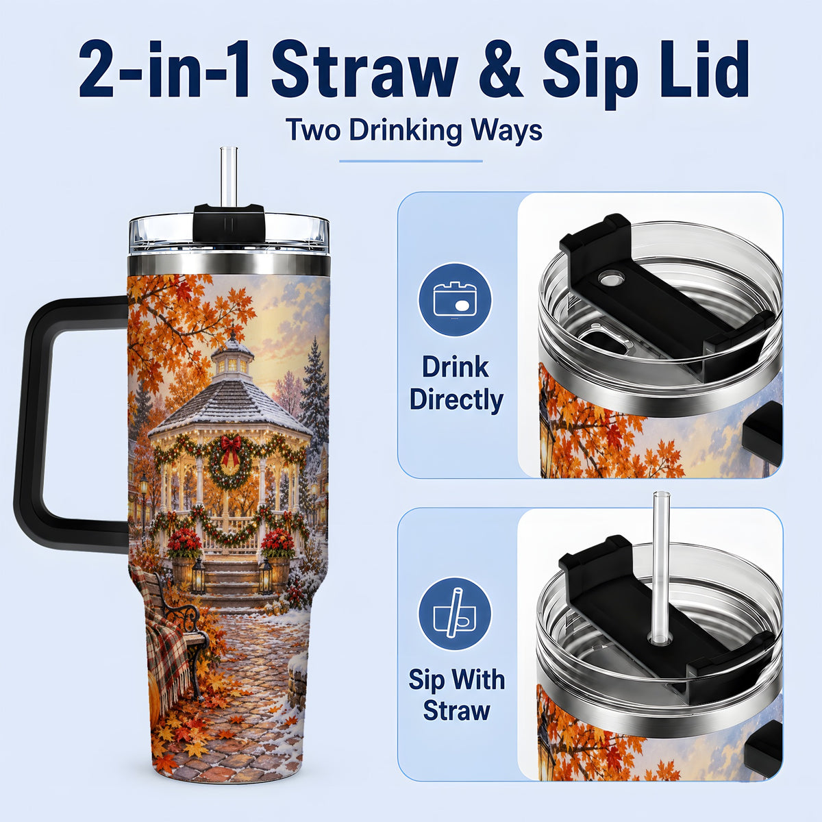 #pl[40oz|Black] Autumn Christmas Village 40oz Tumbler, Snowy Gazebo Holiday Landscape