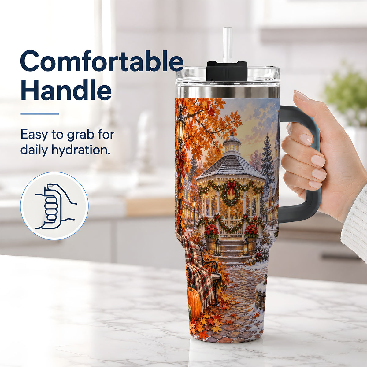 #pl[40oz|Black] Autumn Christmas Village 40oz Tumbler, Snowy Gazebo Holiday Landscape