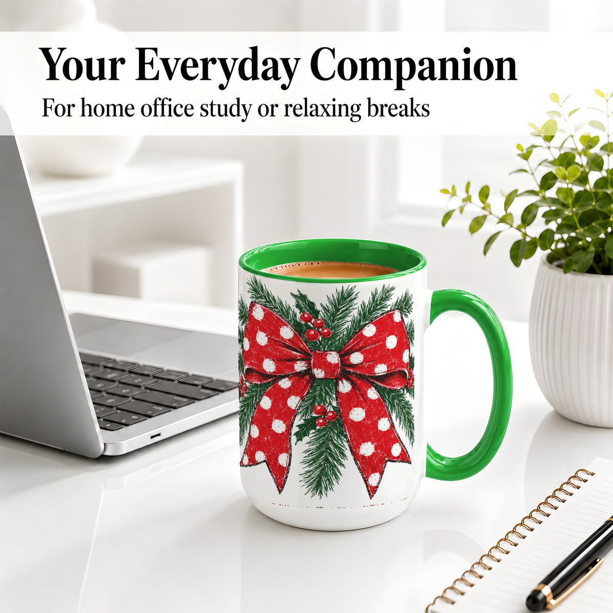 #pl[15oz|Green] Christmas Bow Accent Mug, Ceramic Coffee Cup with Pine Artwork