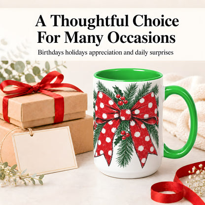 #pl[15oz|Green] Christmas Bow Accent Mug, Ceramic Coffee Cup with Pine Artwork
