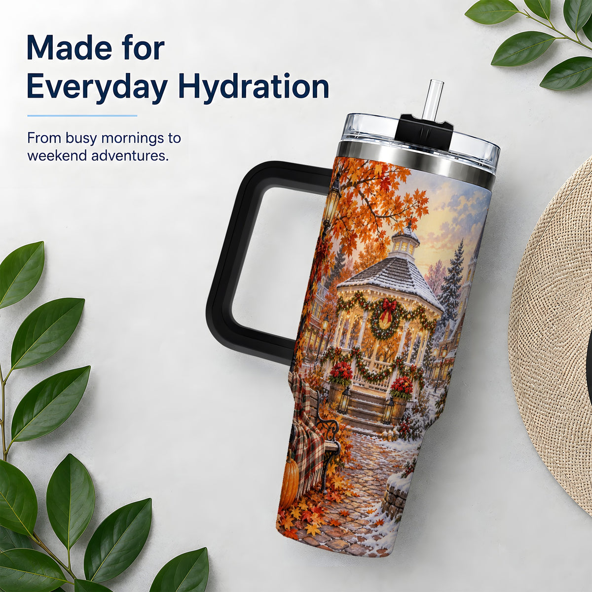 #pl[40oz|Black] Autumn Christmas Village 40oz Tumbler, Snowy Gazebo Holiday Landscape