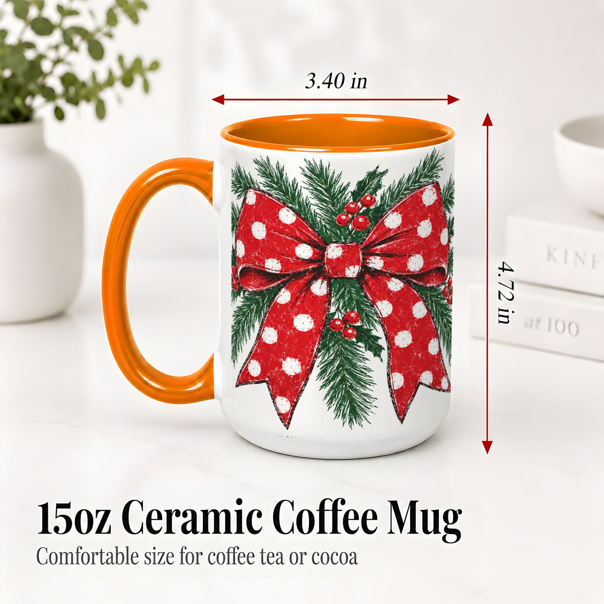 #pl[15oz|Orange] Christmas Bow Accent Mug, Ceramic Coffee Cup with Pine Artwork