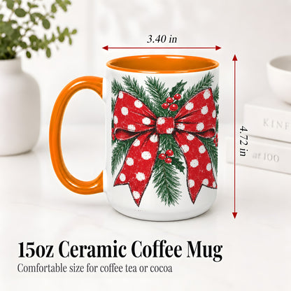 #pl[15oz|Orange] Christmas Bow Accent Mug, Ceramic Coffee Cup with Pine Artwork