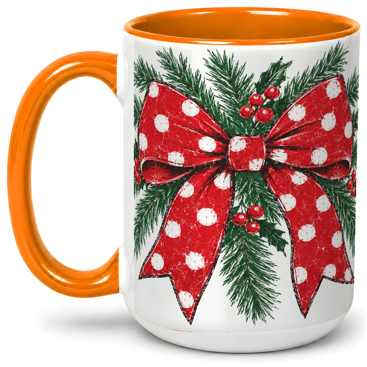 #pl[15oz|Orange] Christmas Bow Accent Mug, Ceramic Coffee Cup with Pine Artwork