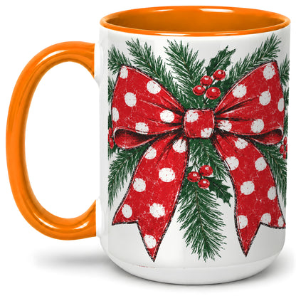 #pl[15oz|Orange] Christmas Bow Accent Mug, Ceramic Coffee Cup with Pine Artwork