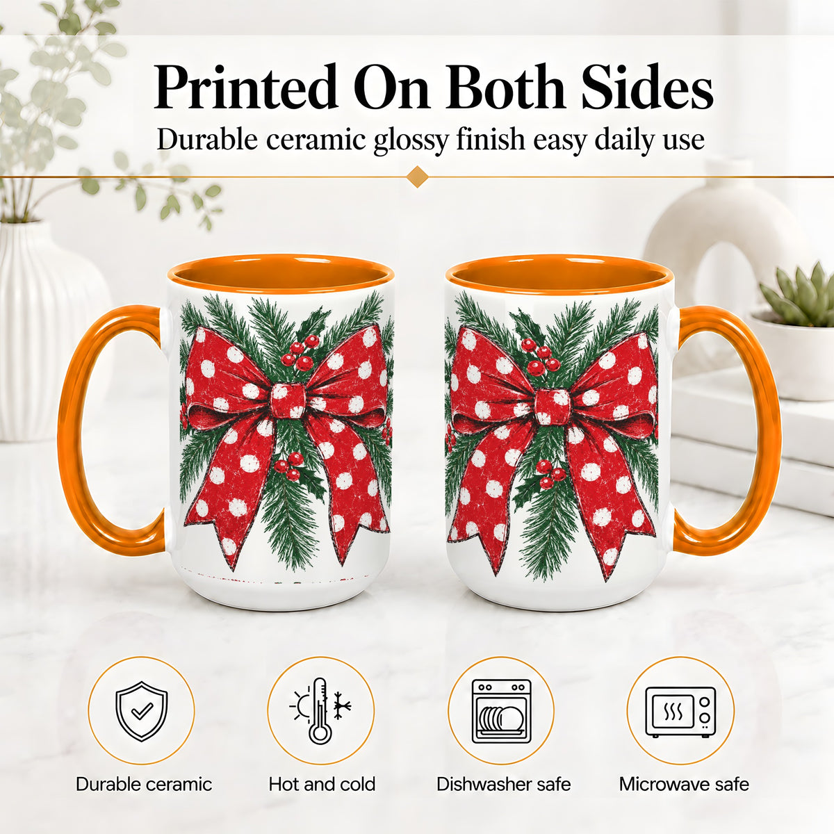 #pl[15oz|Orange] Christmas Bow Accent Mug, Ceramic Coffee Cup with Pine Artwork
