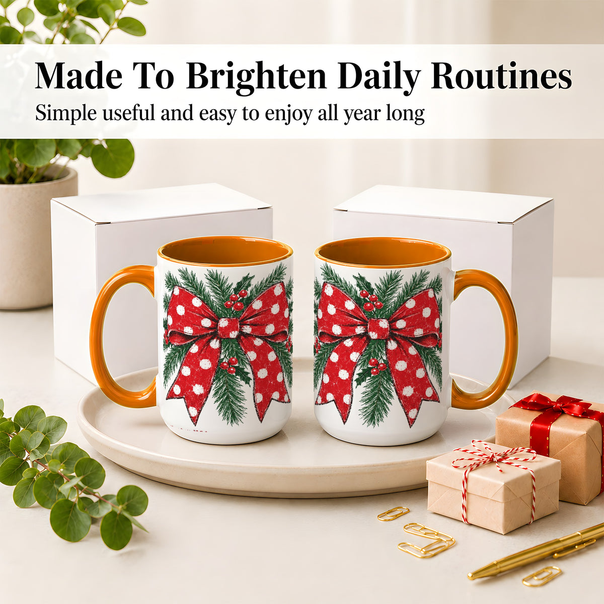 #pl[15oz|Orange] Christmas Bow Accent Mug, Ceramic Coffee Cup with Pine Artwork