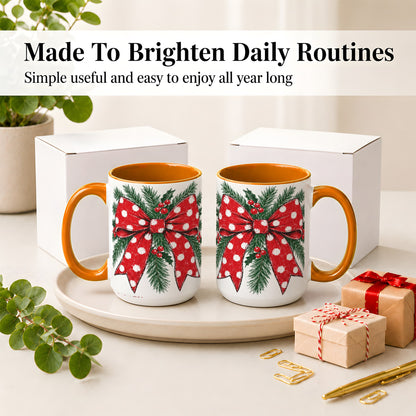 #pl[15oz|Orange] Christmas Bow Accent Mug, Ceramic Coffee Cup with Pine Artwork