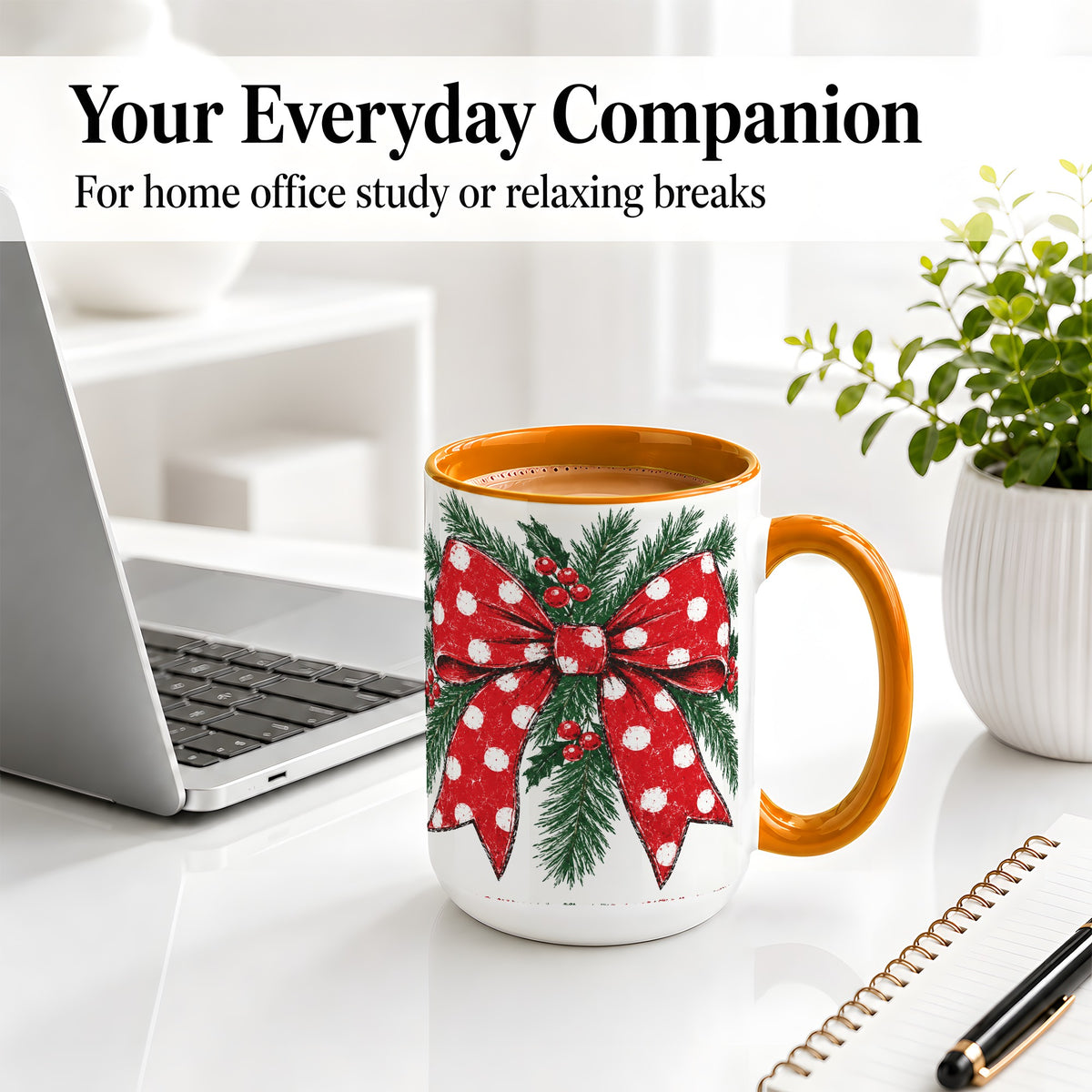 #pl[15oz|Orange] Christmas Bow Accent Mug, Ceramic Coffee Cup with Pine Artwork