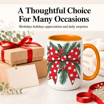 #pl[15oz|Orange] Christmas Bow Accent Mug, Ceramic Coffee Cup with Pine Artwork