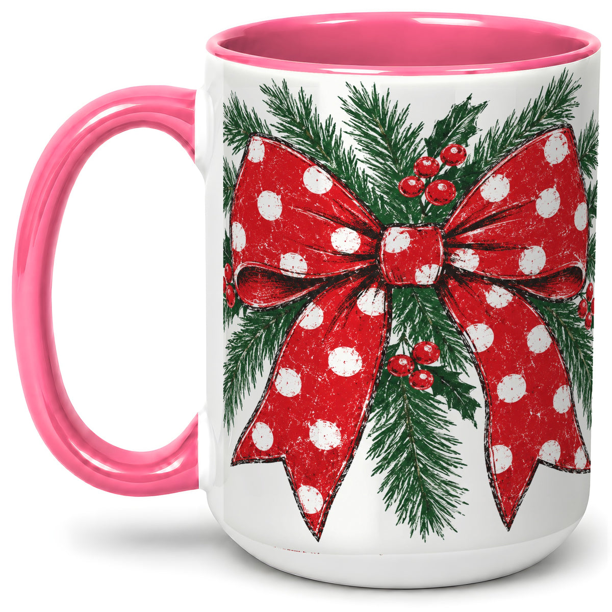 #pl[15oz|Pink] Christmas Bow Accent Mug, Ceramic Coffee Cup with Pine Artwork