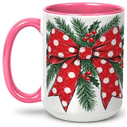 #pl[15oz|Pink] Christmas Bow Accent Mug, Ceramic Coffee Cup with Pine Artwork