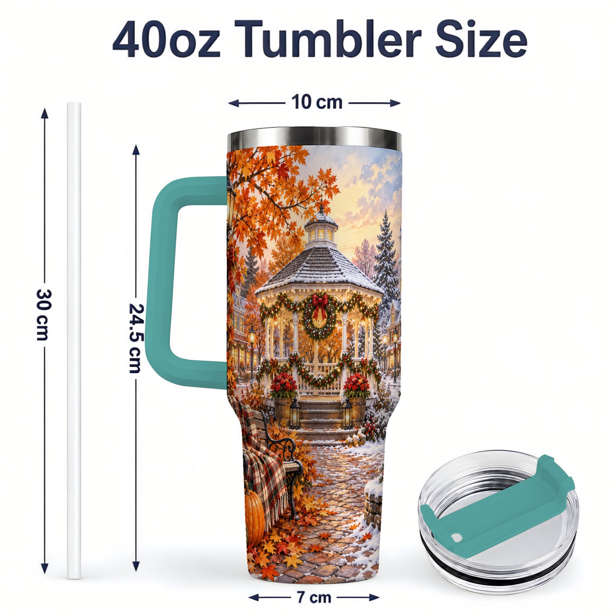 #pl[40oz|Green] Autumn Christmas Village 40oz Tumbler, Snowy Gazebo Holiday Landscape