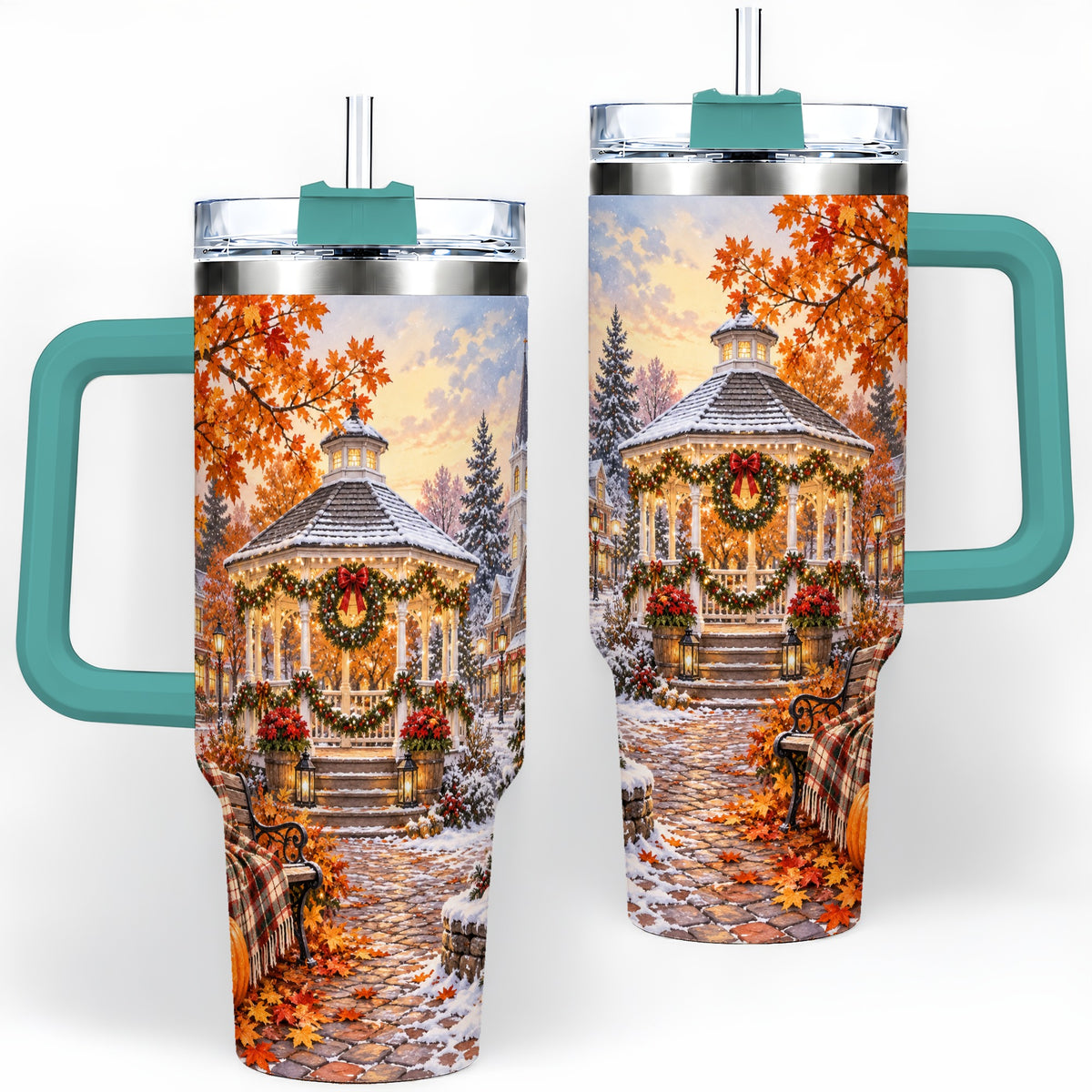 #pl[40oz|Green] Autumn Christmas Village 40oz Tumbler, Snowy Gazebo Holiday Landscape