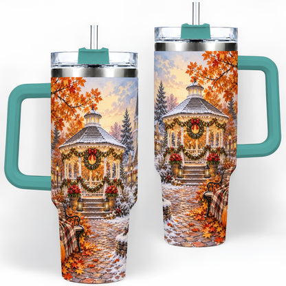 #pl[40oz|Green] Autumn Christmas Village 40oz Tumbler, Snowy Gazebo Holiday Landscape