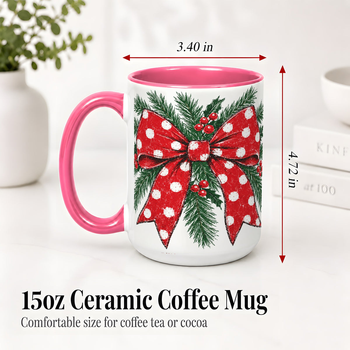 #pl[15oz|Pink] Christmas Bow Accent Mug, Ceramic Coffee Cup with Pine Artwork