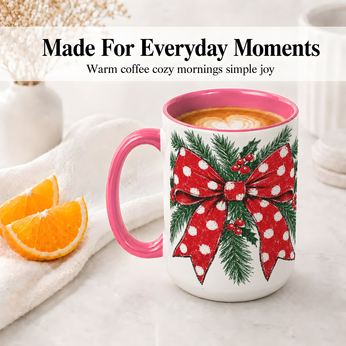 #pl[15oz|Pink] Christmas Bow Accent Mug, Ceramic Coffee Cup with Pine Artwork