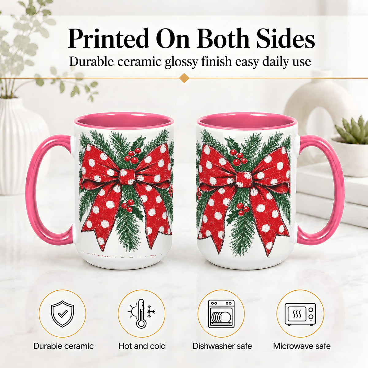 #pl[15oz|Pink] Christmas Bow Accent Mug, Ceramic Coffee Cup with Pine Artwork