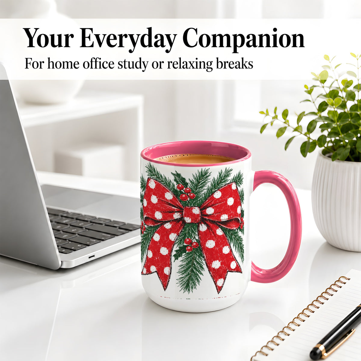 #pl[15oz|Pink] Christmas Bow Accent Mug, Ceramic Coffee Cup with Pine Artwork
