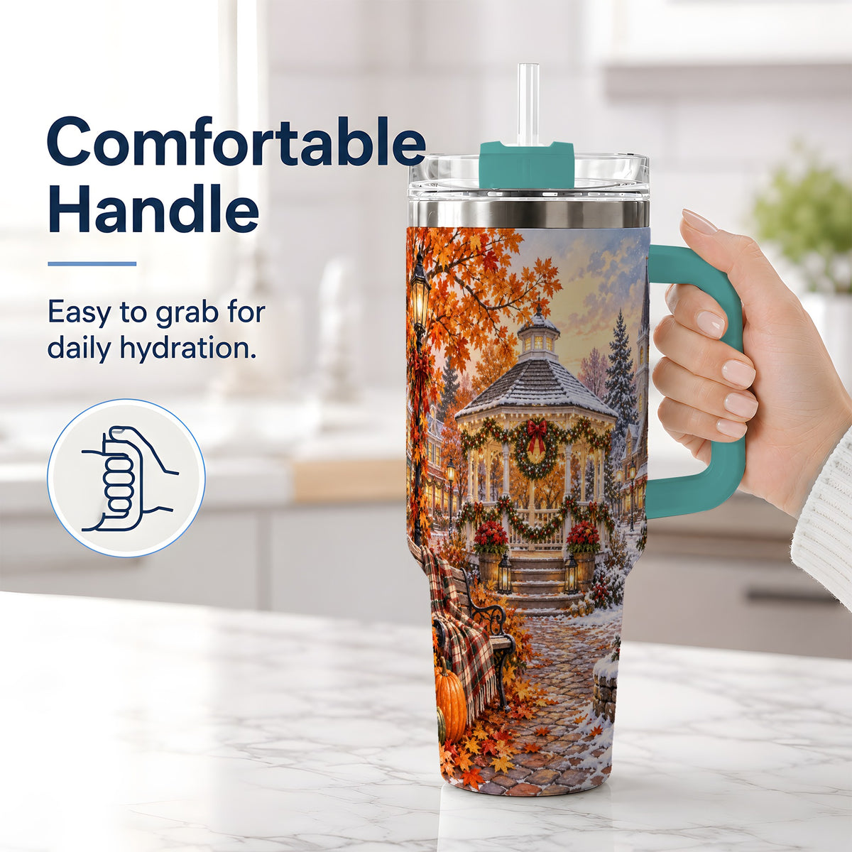 #pl[40oz|Green] Autumn Christmas Village 40oz Tumbler, Snowy Gazebo Holiday Landscape