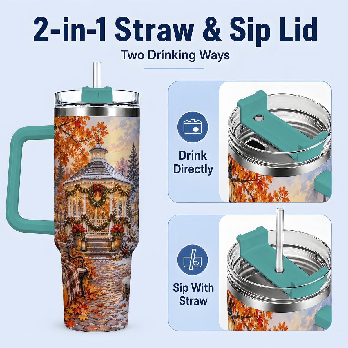 #pl[40oz|Green] Autumn Christmas Village 40oz Tumbler, Snowy Gazebo Holiday Landscape