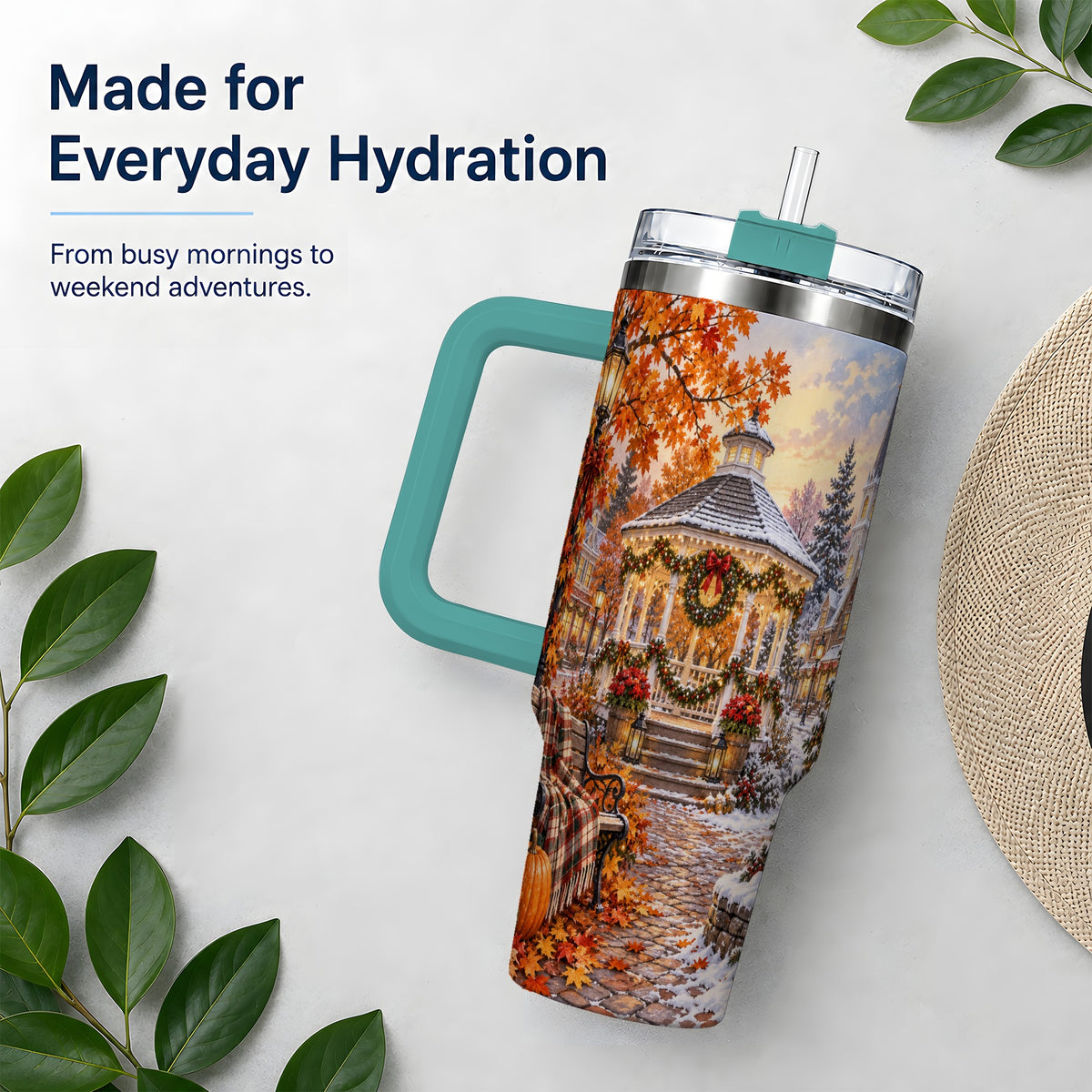 #pl[40oz|Green] Autumn Christmas Village 40oz Tumbler, Snowy Gazebo Holiday Landscape