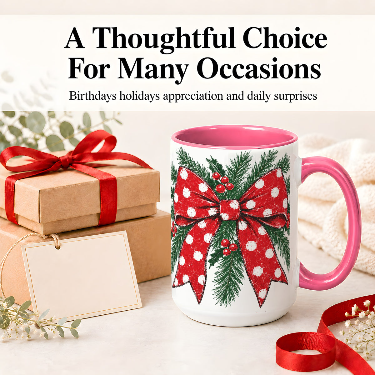 #pl[15oz|Pink] Christmas Bow Accent Mug, Ceramic Coffee Cup with Pine Artwork