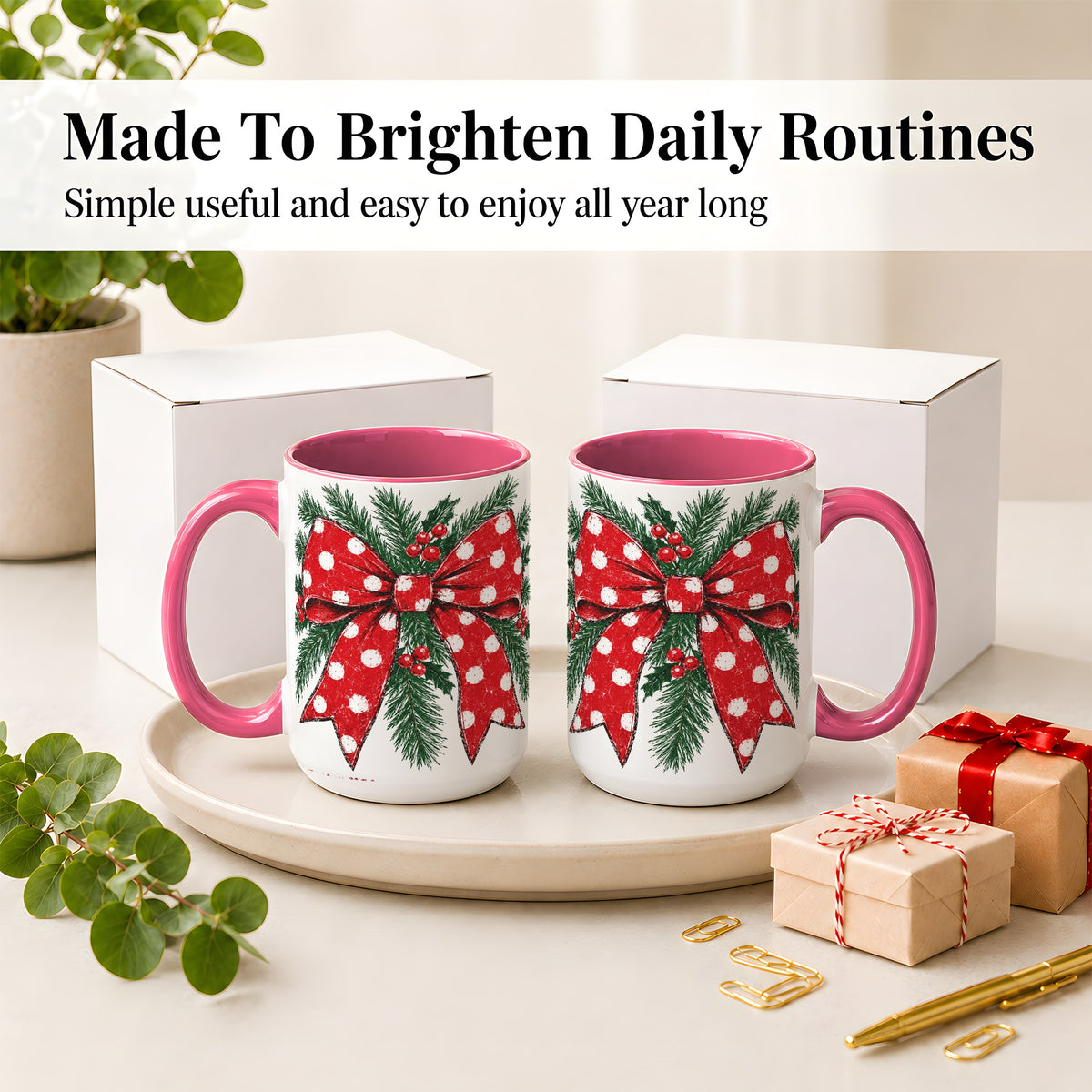 #pl[15oz|Pink] Christmas Bow Accent Mug, Ceramic Coffee Cup with Pine Artwork
