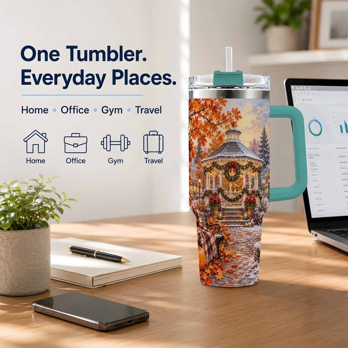#pl[40oz|Green] Autumn Christmas Village 40oz Tumbler, Snowy Gazebo Holiday Landscape