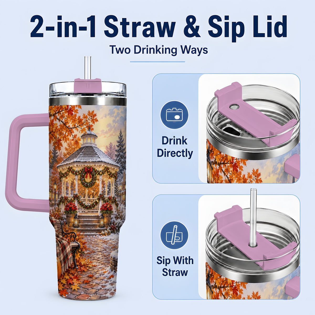 #pl[40oz|Pink] Autumn Christmas Village 40oz Tumbler, Snowy Gazebo Holiday Landscape