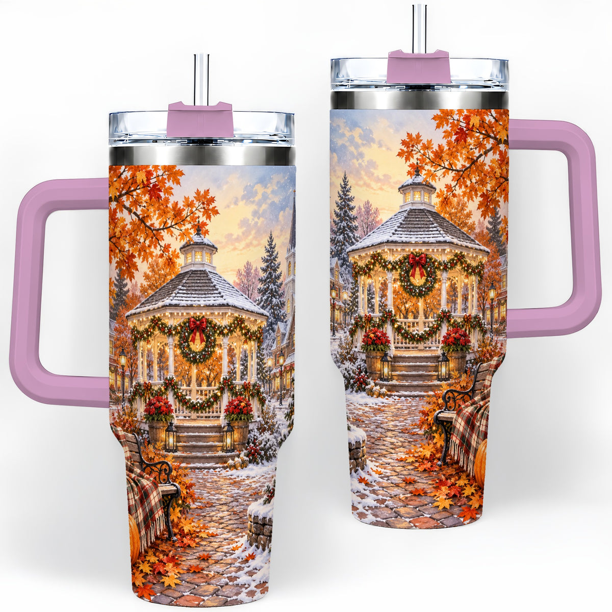 #pl[40oz|Pink] Autumn Christmas Village 40oz Tumbler, Snowy Gazebo Holiday Landscape