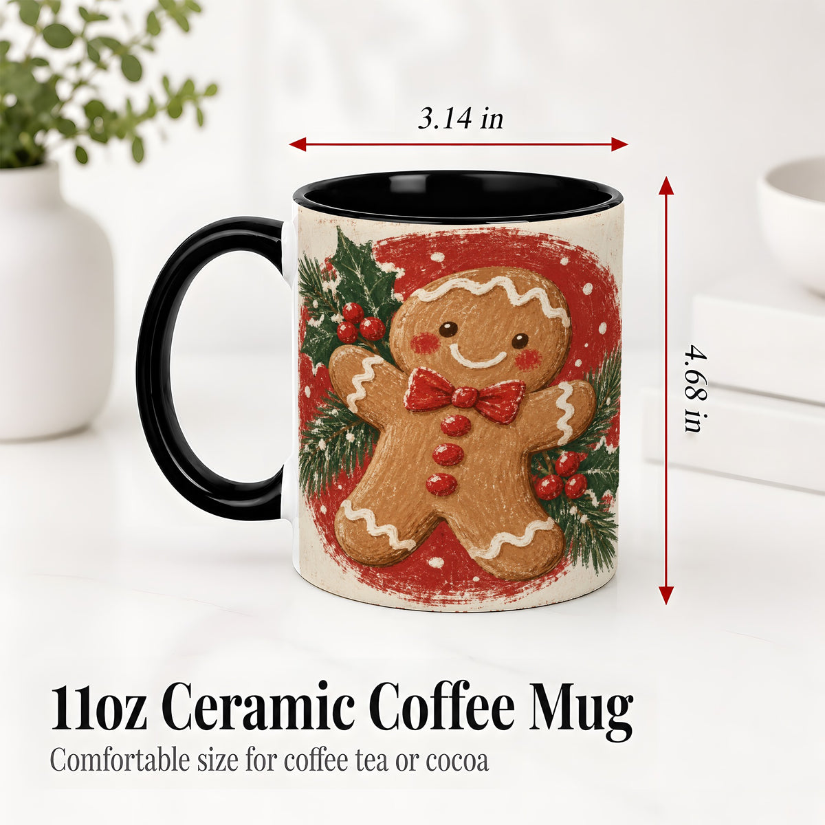 #pl[11oz|Black] Gingerbread Man Christmas Accent Mug, Ceramic Coffee Cup