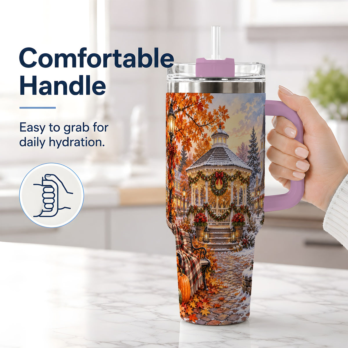 #pl[40oz|Pink] Autumn Christmas Village 40oz Tumbler, Snowy Gazebo Holiday Landscape