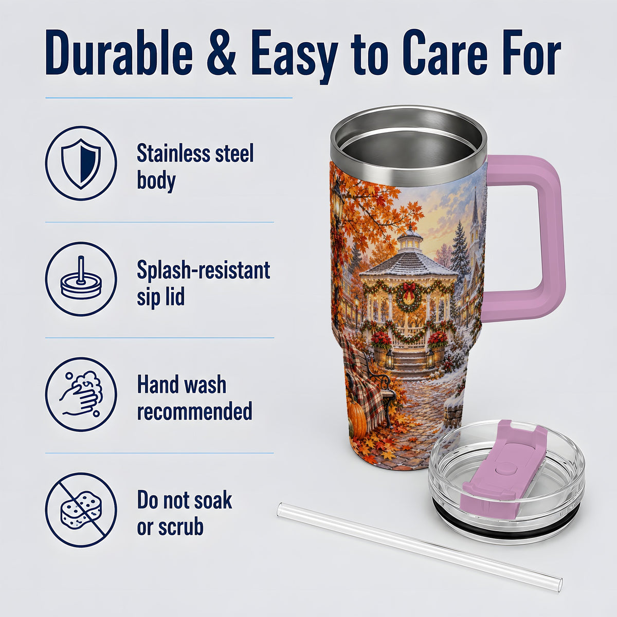 #pl[40oz|Pink] Autumn Christmas Village 40oz Tumbler, Snowy Gazebo Holiday Landscape