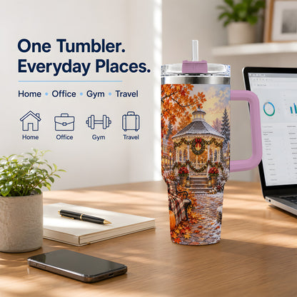 #pl[40oz|Pink] Autumn Christmas Village 40oz Tumbler, Snowy Gazebo Holiday Landscape