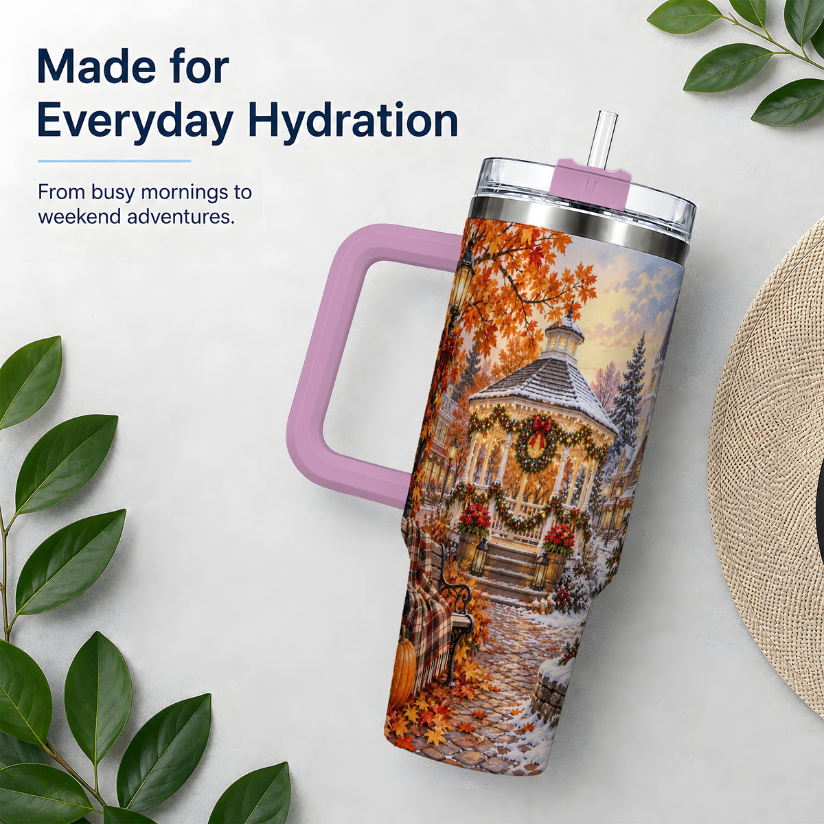 #pl[40oz|Pink] Autumn Christmas Village 40oz Tumbler, Snowy Gazebo Holiday Landscape