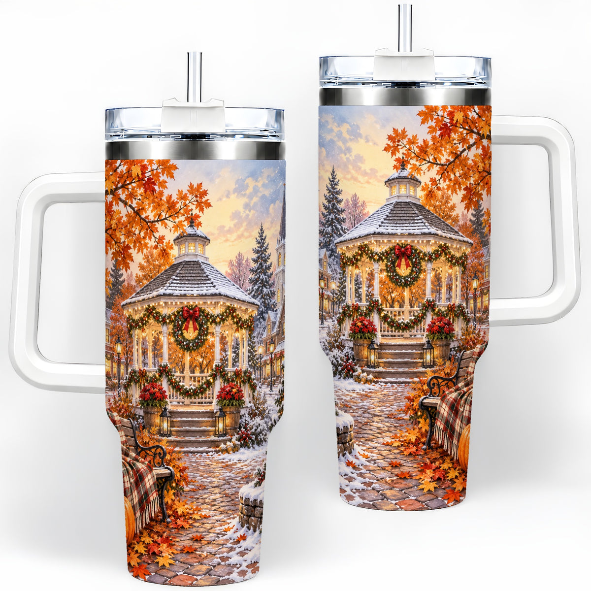 Autumn Christmas Village 40oz Tumbler, Snowy Gazebo Holiday Landscape