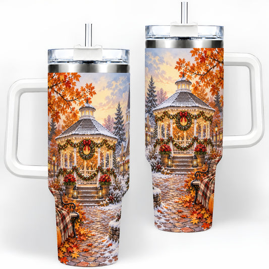 Autumn Christmas Village 40oz Tumbler, Snowy Gazebo Holiday Landscape