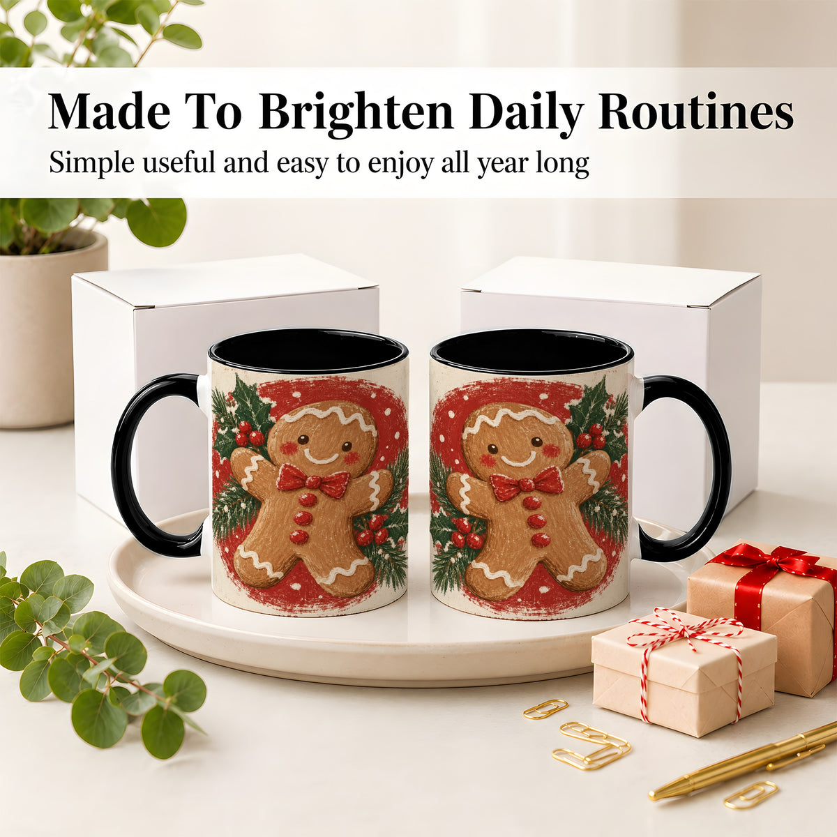 #pl[11oz|Black] Gingerbread Man Christmas Accent Mug, Ceramic Coffee Cup