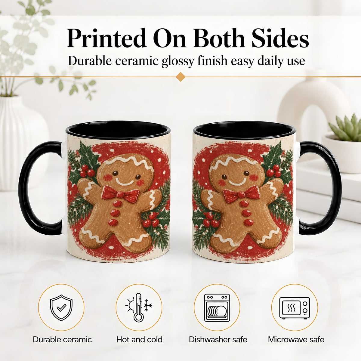 #pl[11oz|Black] Gingerbread Man Christmas Accent Mug, Ceramic Coffee Cup