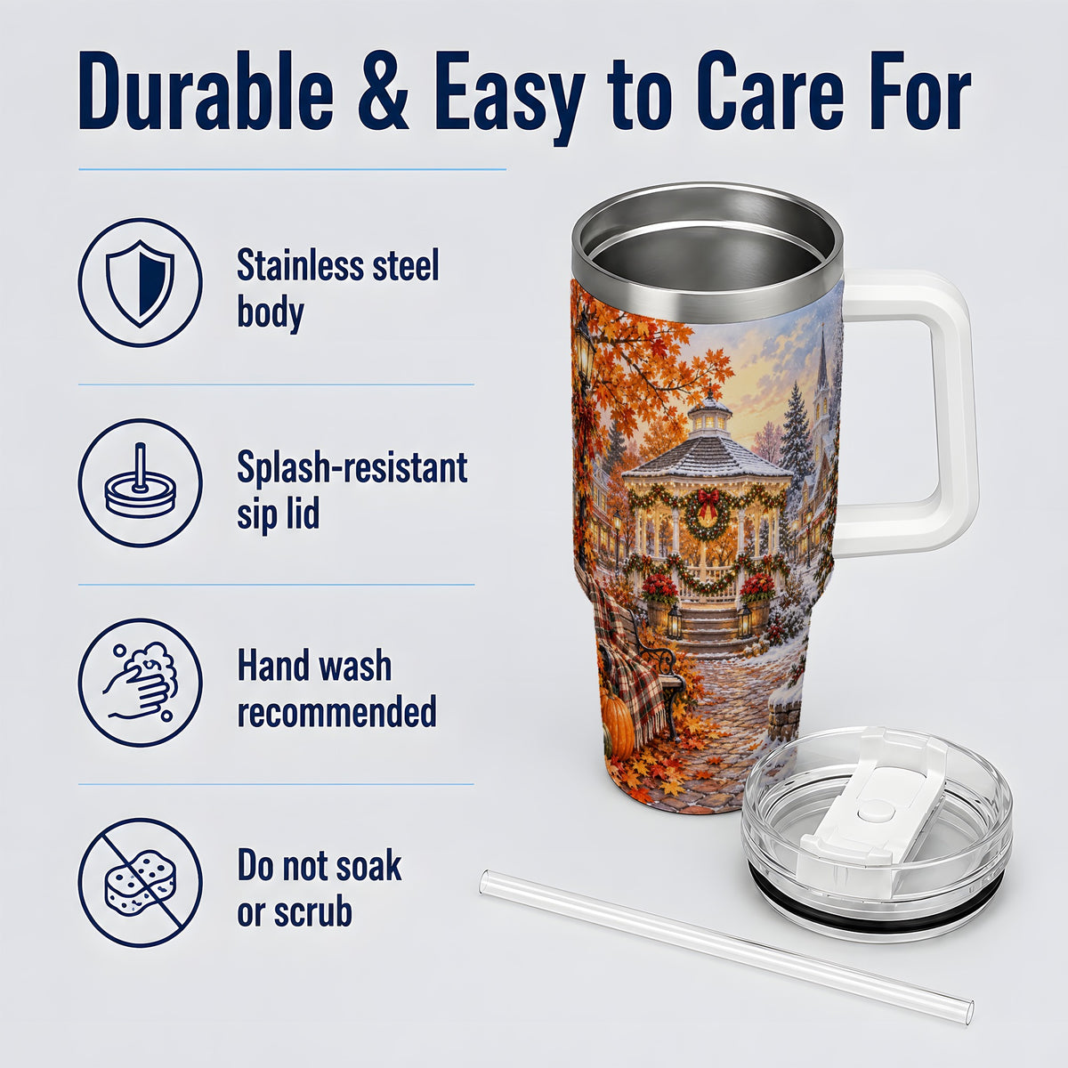 #pl[40oz|White] Autumn Christmas Village 40oz Tumbler, Snowy Gazebo Holiday Landscape