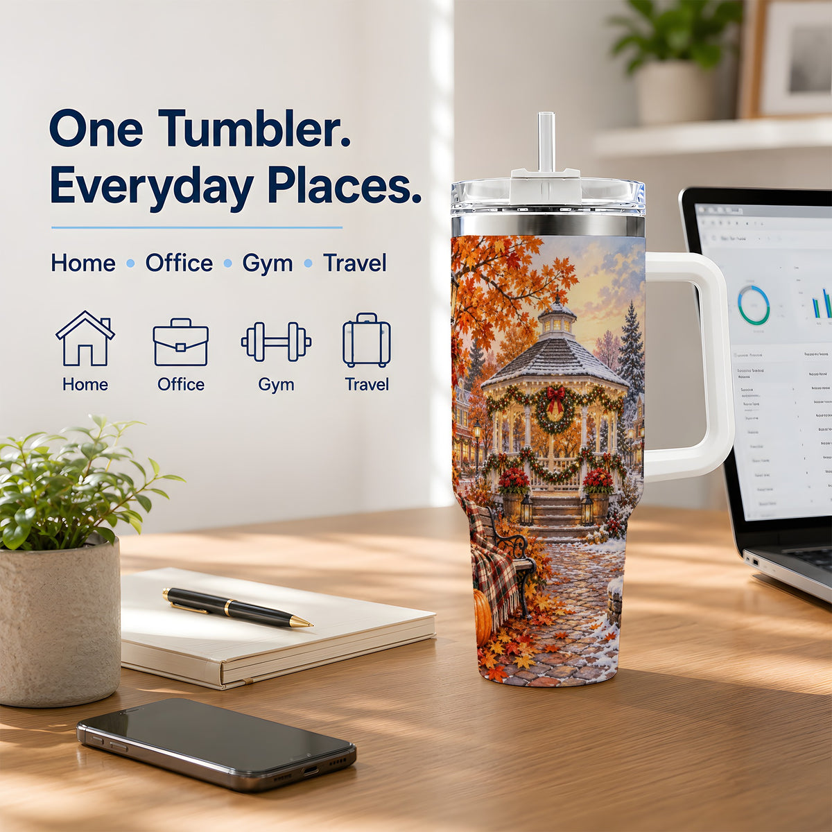 #pl[40oz|White] Autumn Christmas Village 40oz Tumbler, Snowy Gazebo Holiday Landscape