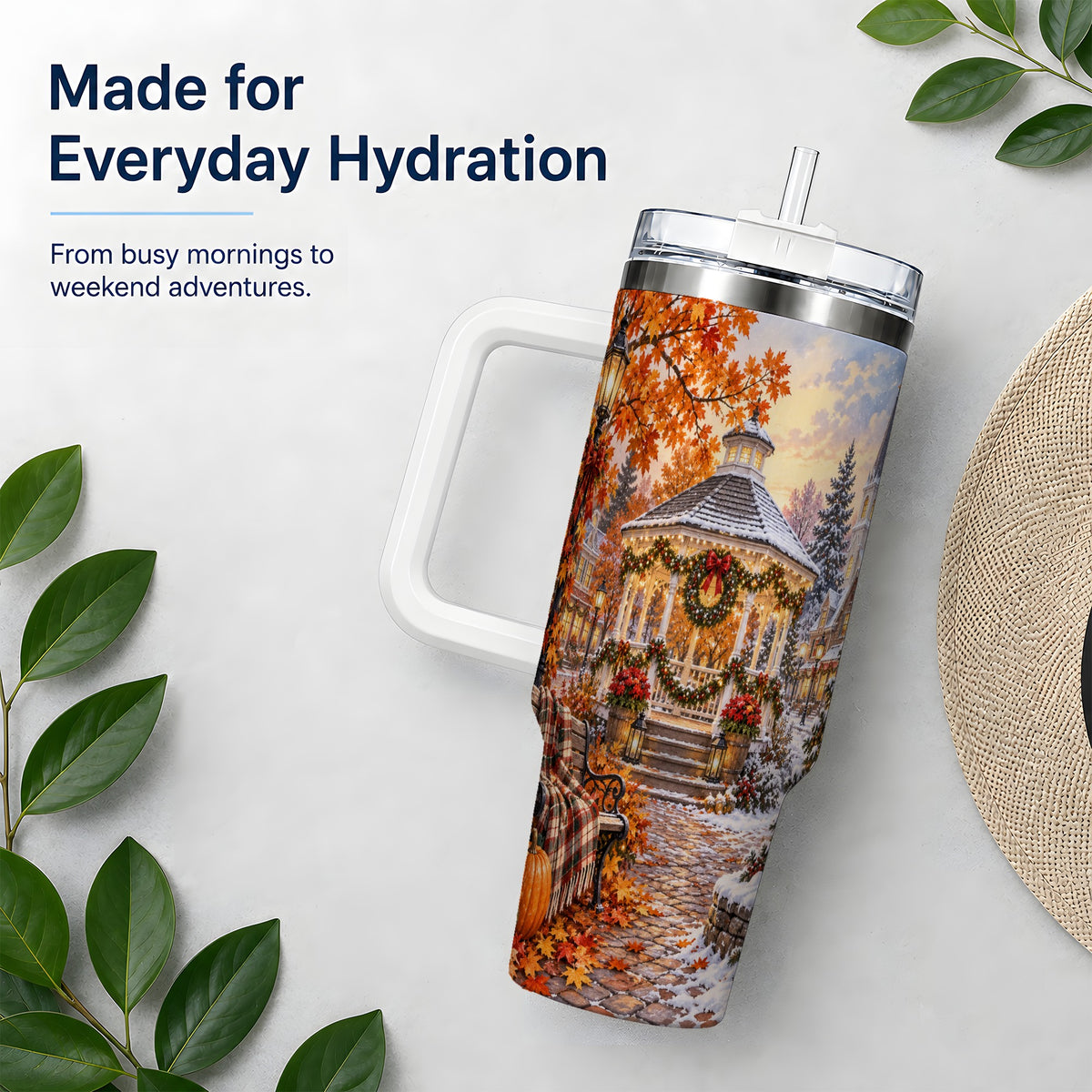#pl[40oz|White] Autumn Christmas Village 40oz Tumbler, Snowy Gazebo Holiday Landscape