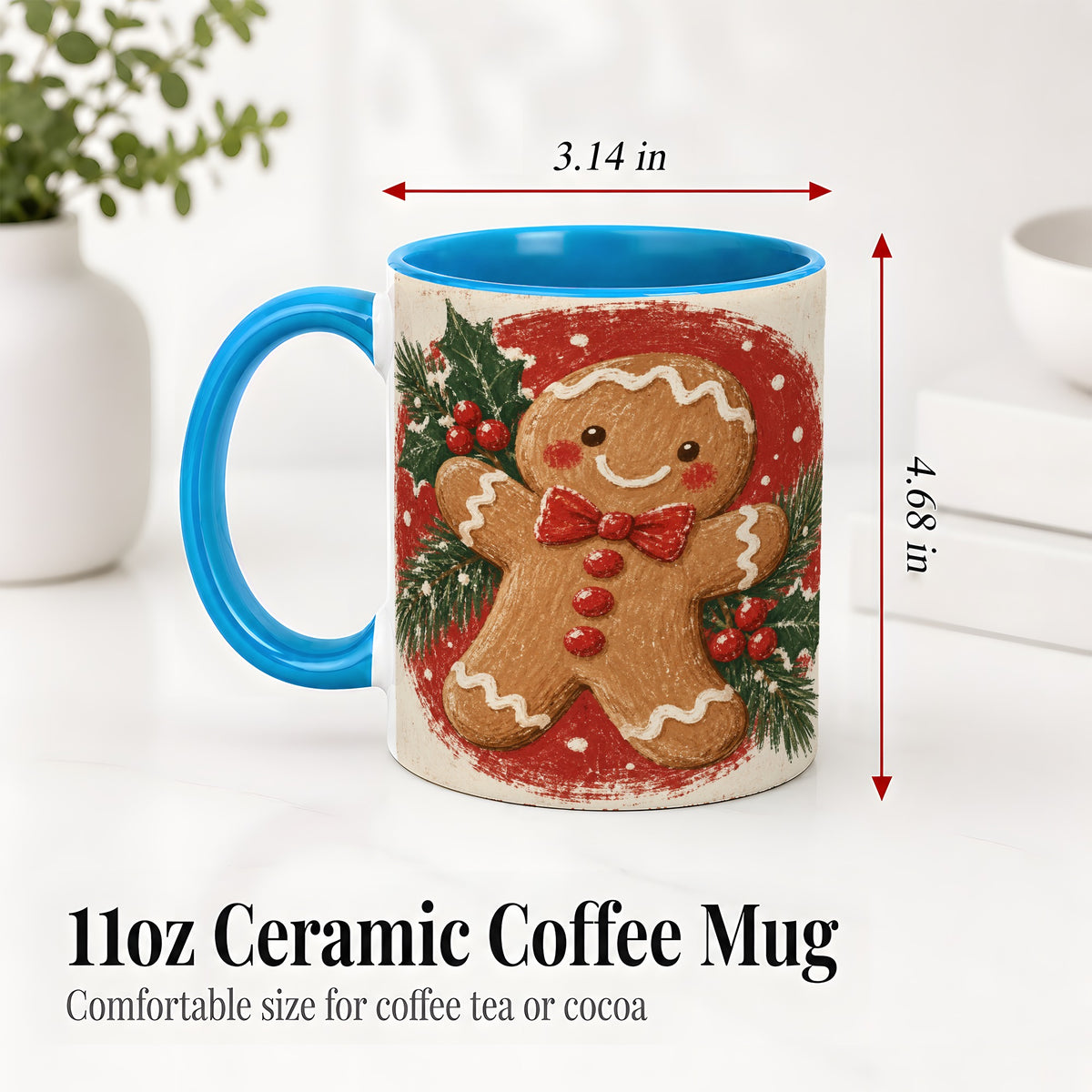 #pl[11oz|Blue] Gingerbread Man Christmas Accent Mug, Ceramic Coffee Cup