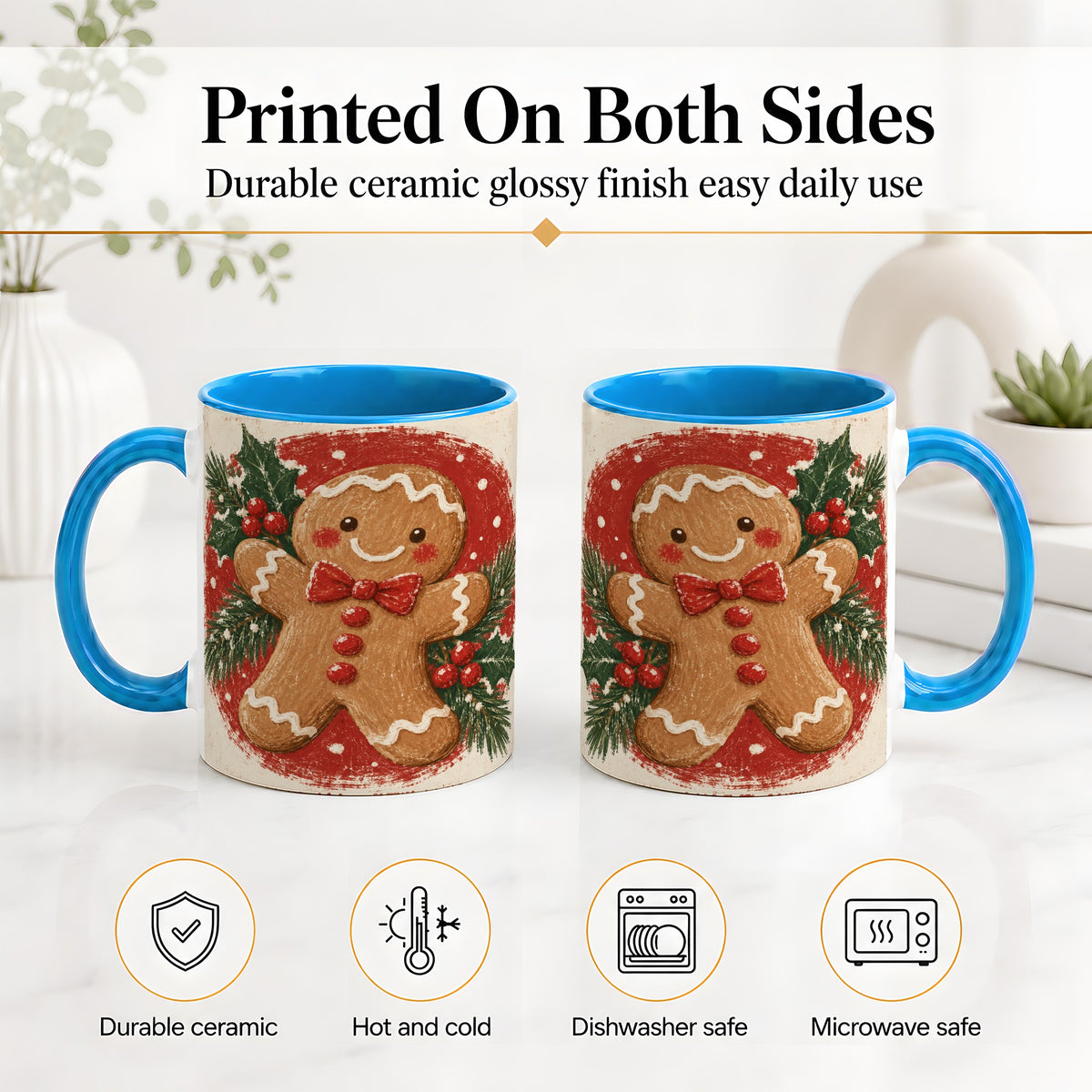 #pl[11oz|Blue] Gingerbread Man Christmas Accent Mug, Ceramic Coffee Cup